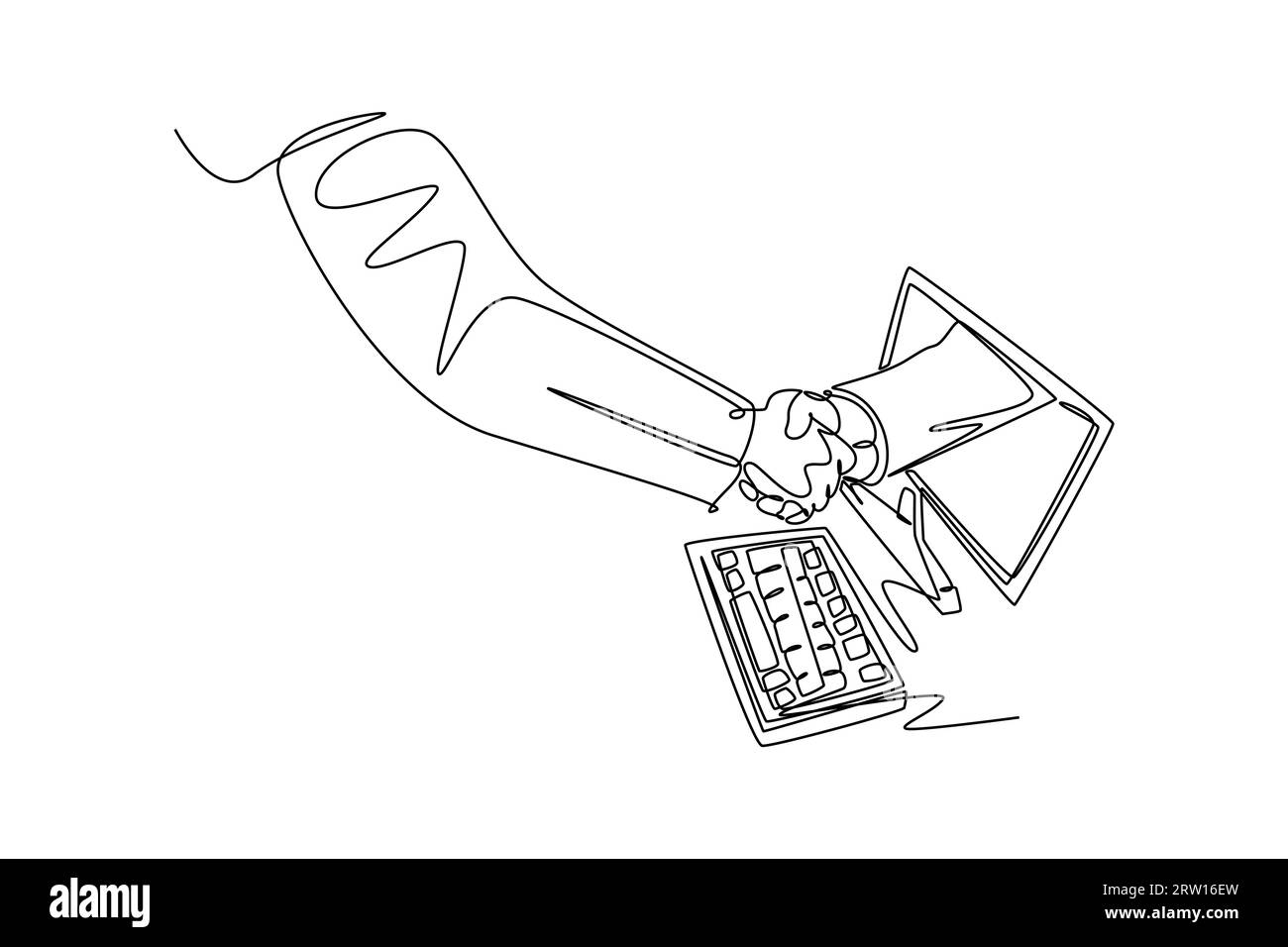 Les hommes d'affaires dessinant en continu une ligne serrant la main pour traiter un projet. La main sort de l'écran de l'ordinateur. Conceps de transaction numérique en ligne Banque D'Images