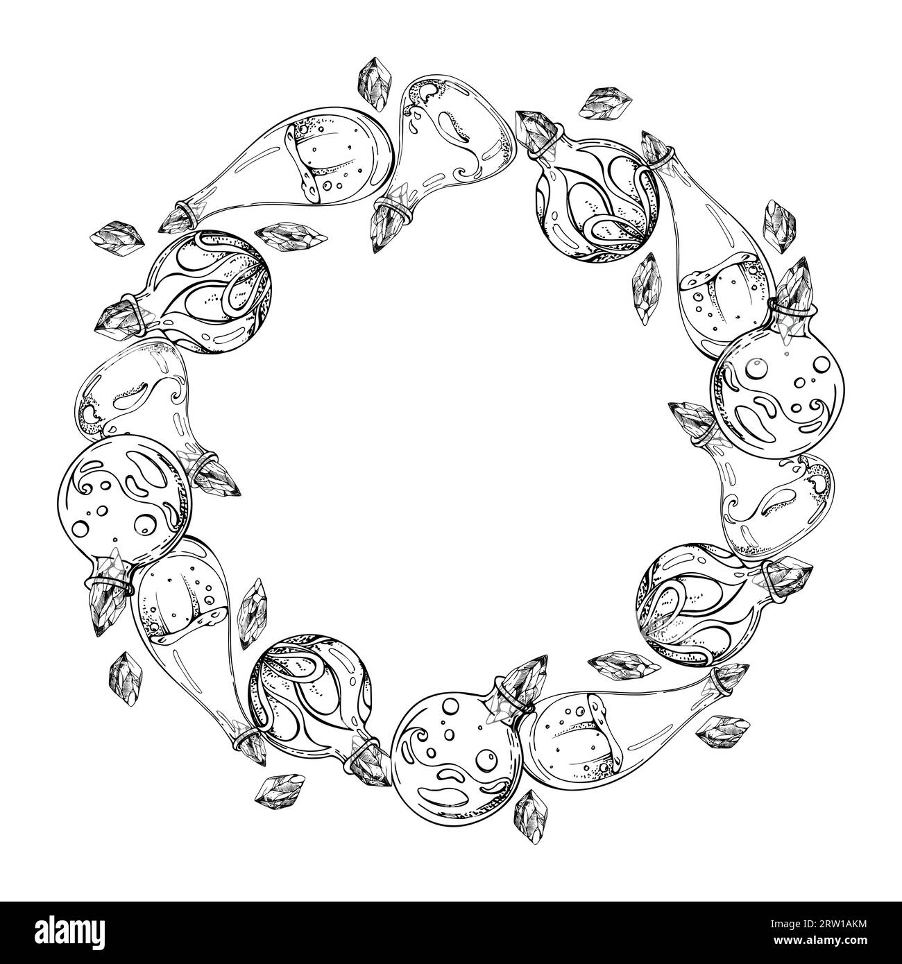 Bouteille de flacon en verre de vecteur d'encre dessinée à la main pour cadre de couronne de cercle isolé de potion. Dessin illustration art sorcellerie, médecine, chimie, alchimie Illustration de Vecteur
