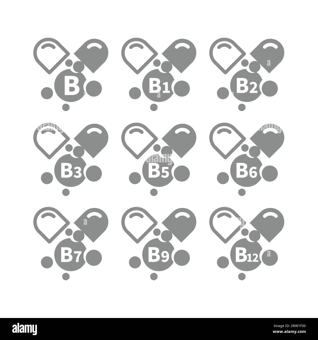 Capsules de vecteur de complexe de vitamine B. Icônes de vitamines B1, b6, b12. Illustration de Vecteur