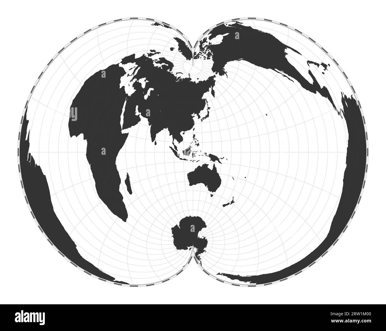 Carte du monde vectorielle. Projection polyconique américaine. Carte géographique du monde simple avec les lignes de latitude et de longitude. Centré sur 120 degrés de longitude O. Illustration de Vecteur