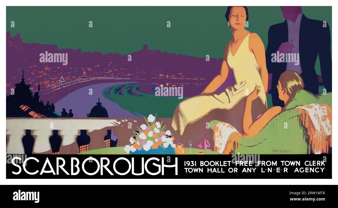 Affiche touristique de Scarborough de 1931 par Tom Purves avec des femmes et des hommes habillés formellement et la plage derrière Banque D'Images
