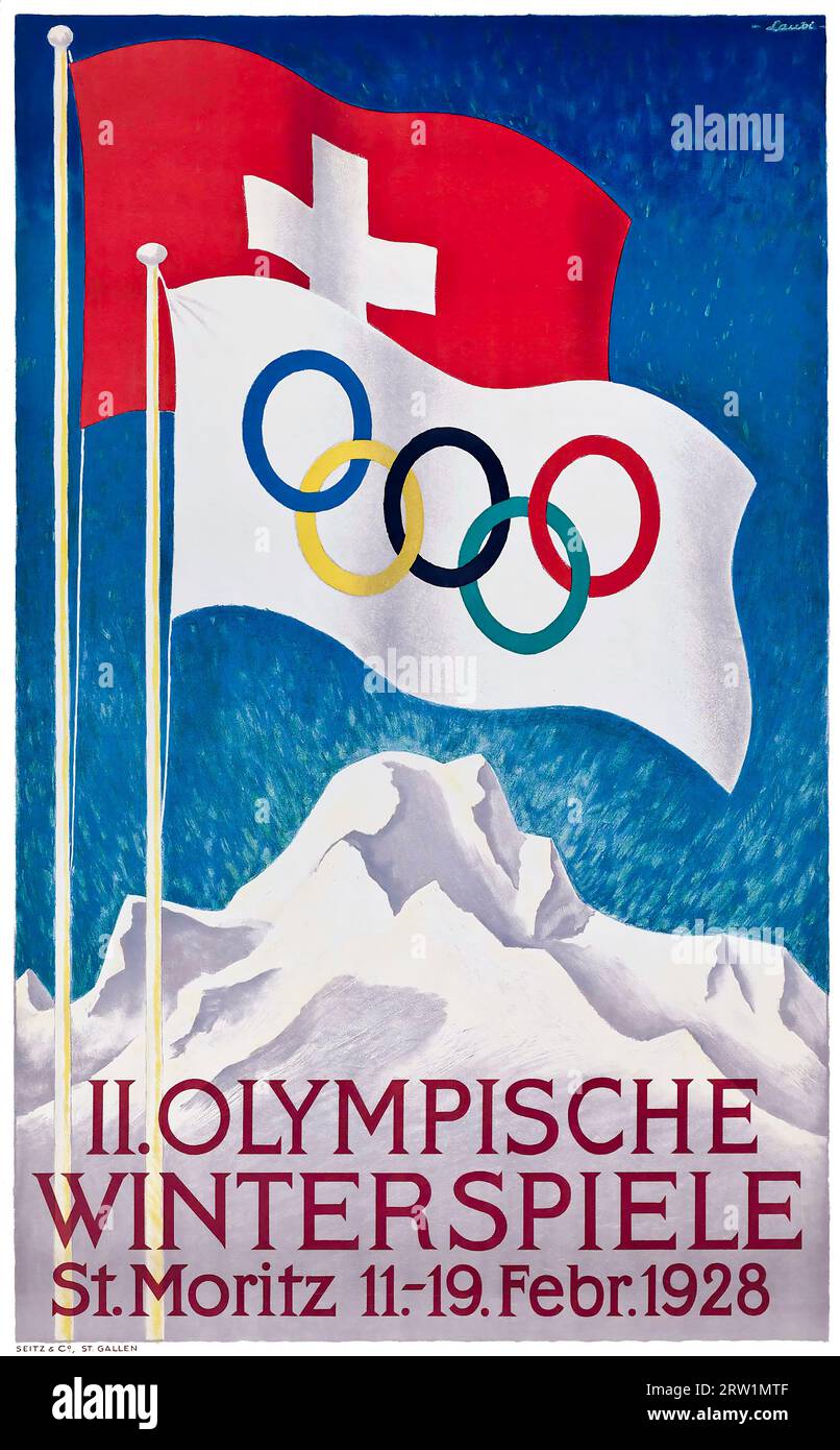 Affiche des Jeux olympiques d'hiver de St Moritz 1928 avec drapeaux