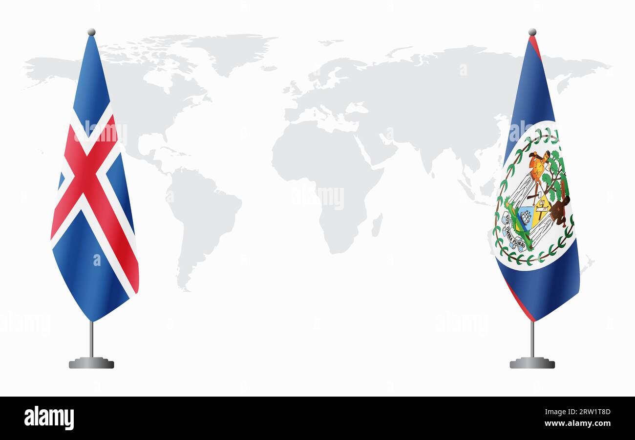Drapeaux de l'Islande et du Belize pour la réunion officielle sur fond de carte du monde. Illustration de Vecteur