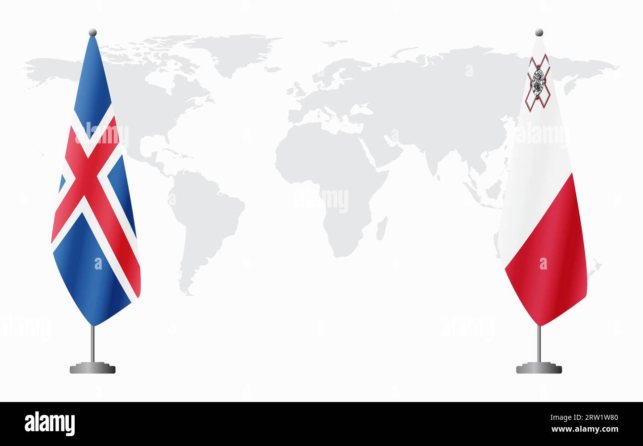 Drapeaux de l'Islande et de Malte pour la réunion officielle sur fond de carte du monde. Illustration de Vecteur