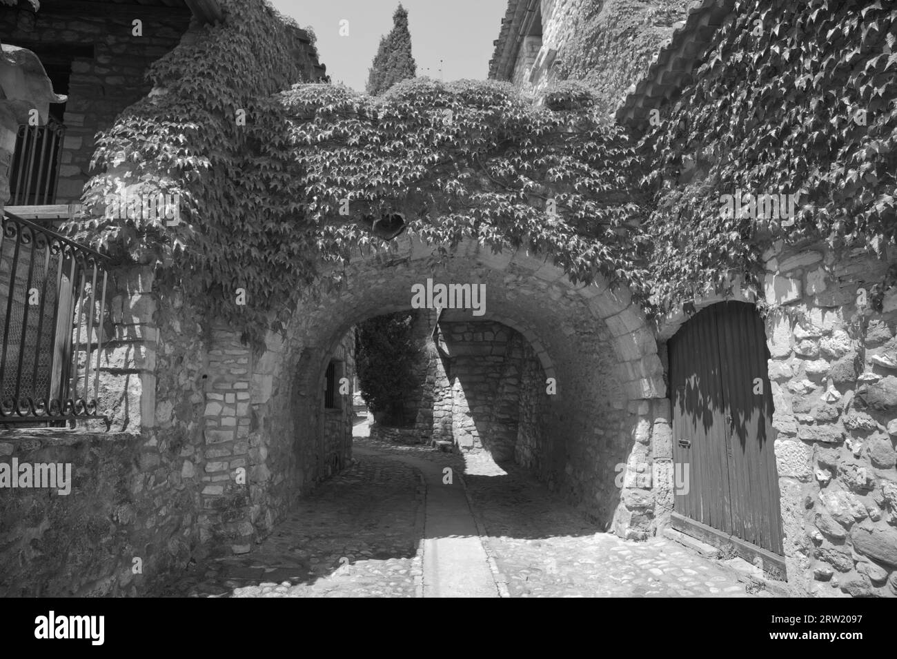 Passage souterrain envahi de plantes dans une vieille ville appelée aiguèze, Noir et blanc. Banque D'Images