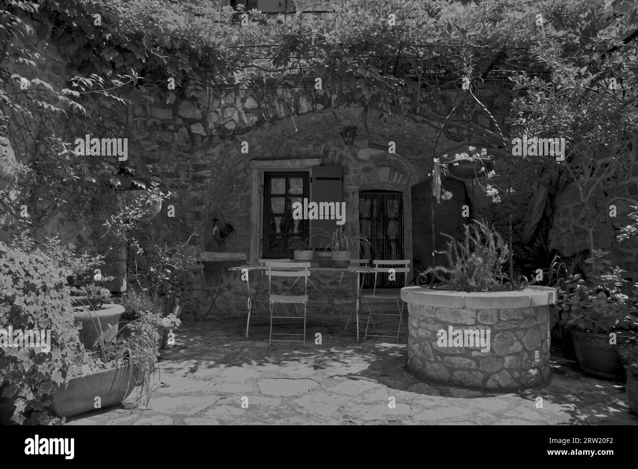 Belle terrasse envahie d'une ancienne maison en pierre à Aiguèze (France).Noir et blanc. Banque D'Images