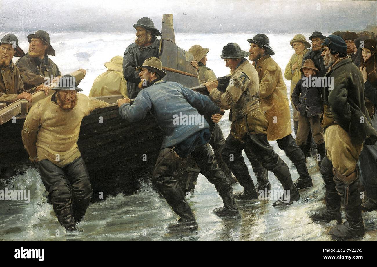 Michael Ancher - pêcheurs lançant un bateau aviron - 1881 Banque D'Images