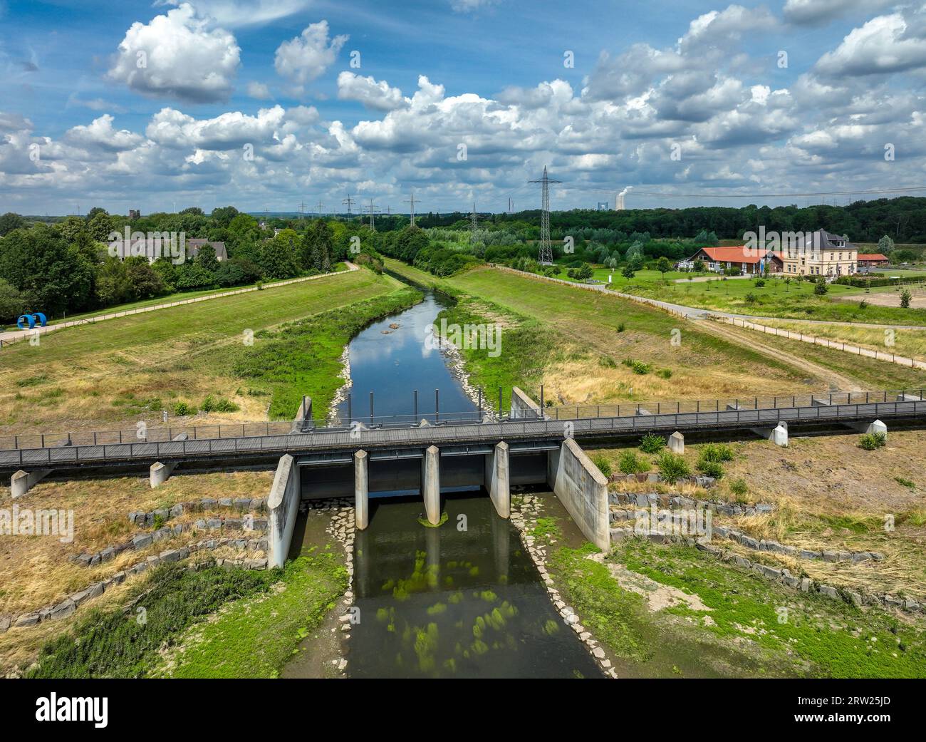 06.07.2023, Allemagne, Rhénanie du Nord-Westphalie, Dortmund / Castrop-Rauxel - renaturation de l'Emscher, bassin de rétention des inondations HRB Mengede. Un nouveau floodpl Banque D'Images