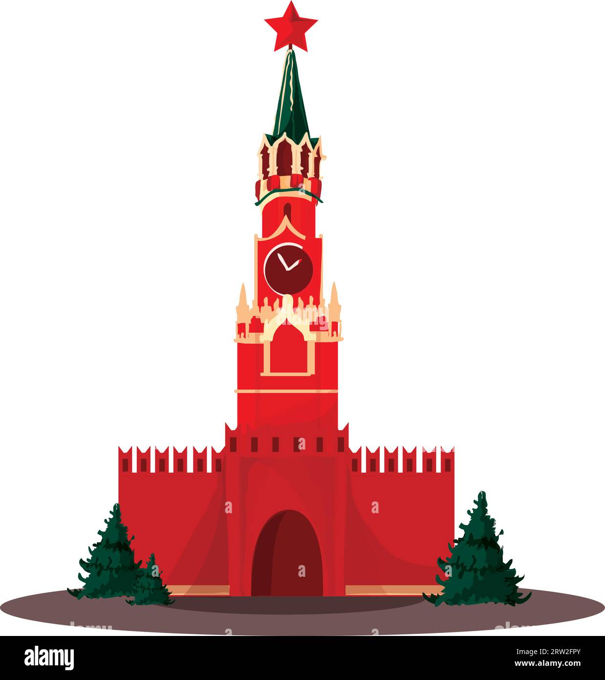 Dessin plat coloré détaillé de la TOUR SPASSKAYA DU KREMLIN, MOSCOU Illustration de Vecteur