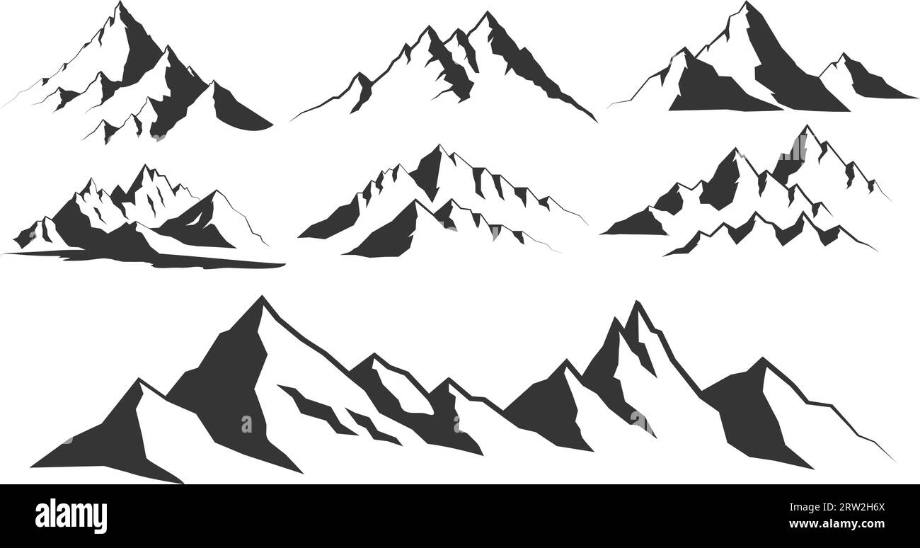 Silhouettes de montagnes sur fond blanc. Ensemble vectoriel d'éléments de conception d'extérieur. Illustration de Vecteur