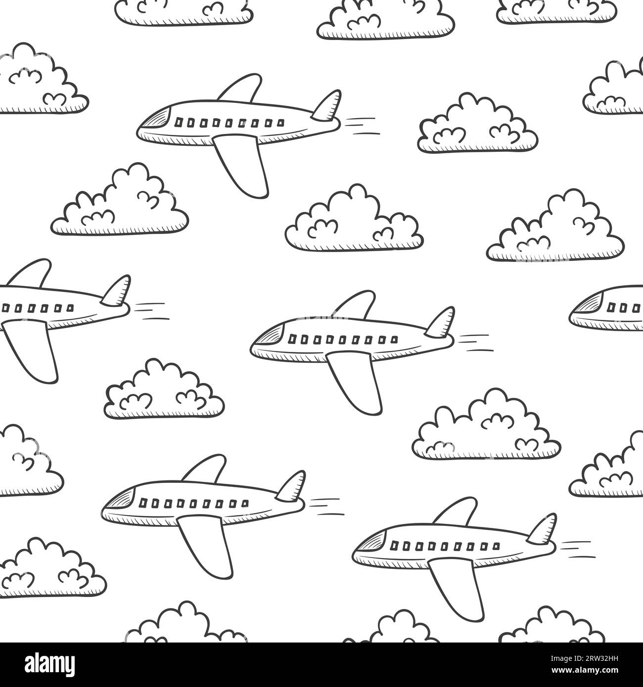 Modèle sans couture avec avion et nuages. Illustration vectorielle dessinée à la main. Illustration de Vecteur