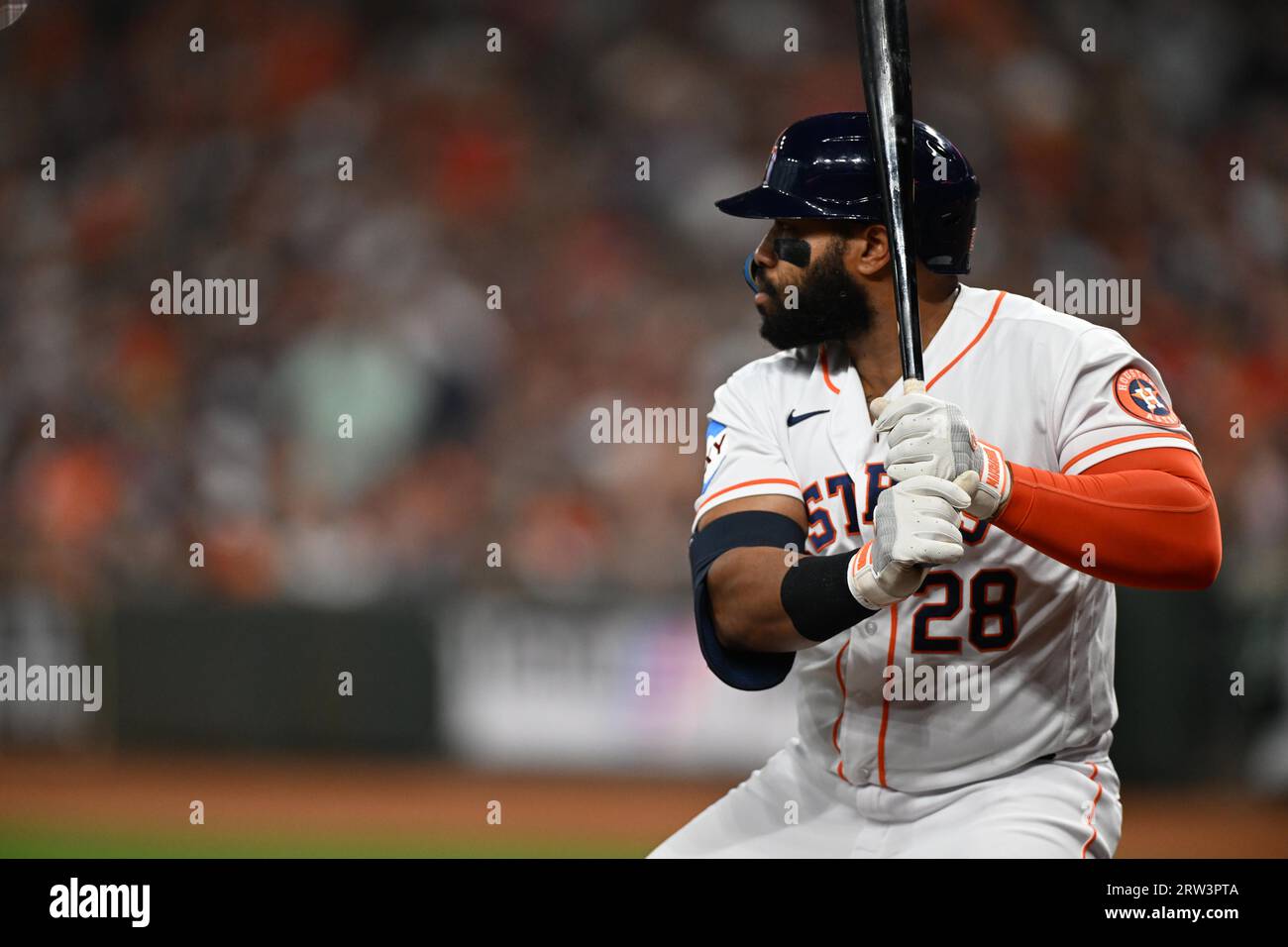 Le premier joueur de baseball des Astros de Houston, Jon Singleton (28), a battu en fin de deuxième manche du match de MLB entre les Athletics d'Oakland et les Houst Banque D'Images