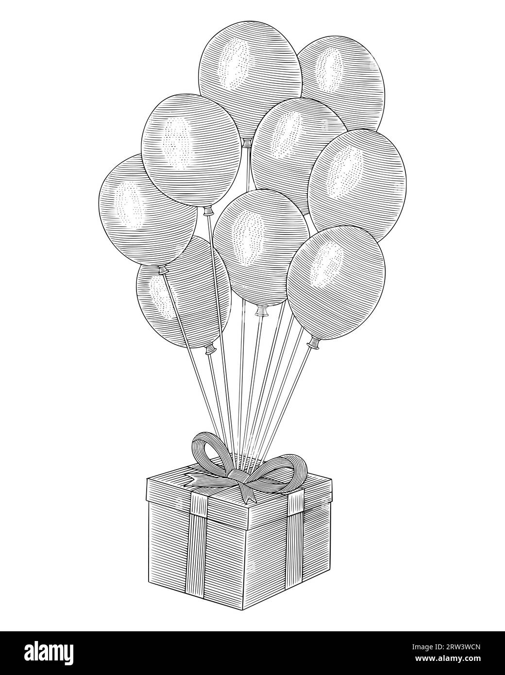 Cadeau d'anniversaire ou de noël dans une boîte avec des ballons, illustration de style dessin gravure Vintage Illustration de Vecteur