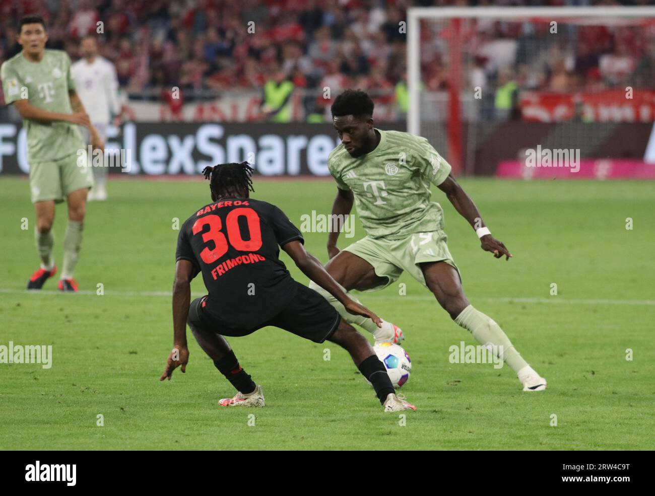 MUNICH, Allemagne. , . 19 Alphonso DAVIS vs 30 Jeremie FRIMPONG lors du match de Bundesliga entre le FC Bayern Muenchen et LE BAYER 04 LEVERKUSEN à l'Allianz Arena de Munich le 15. Septembre 2023, Allemagne. DFL, Fussball, 2:2, (photo et copyright @ ATP images/Arthur THILL (THILL Arthur/ATP/SPP) crédit : SPP Sport Press photo. /Alamy Live News Banque D'Images