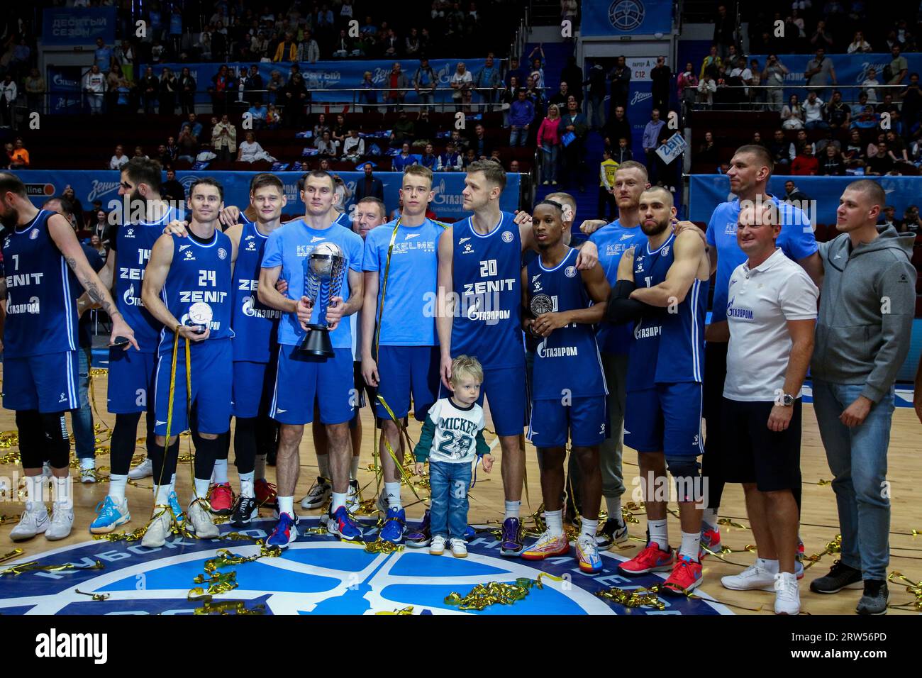 Saint-Pétersbourg, Russie. 16 septembre 2023. Andrey Zubkov (20), Trent Frazier (0), Kyle Kuric (24) de Zenit en action lors de la coupe Kondrashin et Belov, entre Zenit Saint-Pétersbourg et UNICS Kazan à l'Arena. Score final ; Zenit Saint-Pétersbourg 82:77 UNICS Kazan. (Photo Maksim Konstantinov/SOPA image/Sipa USA) crédit : SIPA USA/Alamy Live News Banque D'Images