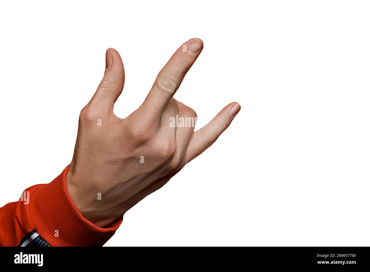 Geste de la main d'un homme, gros plan, signe et symbole du mouvement rocker sur fond blanc isolé. Banque D'Images