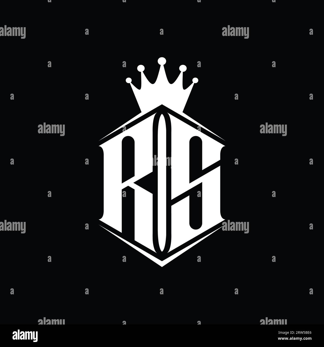 Couronne en forme de bouclier hexagonal monogramme avec logo RS avec modèle de design pointu Banque D'Images