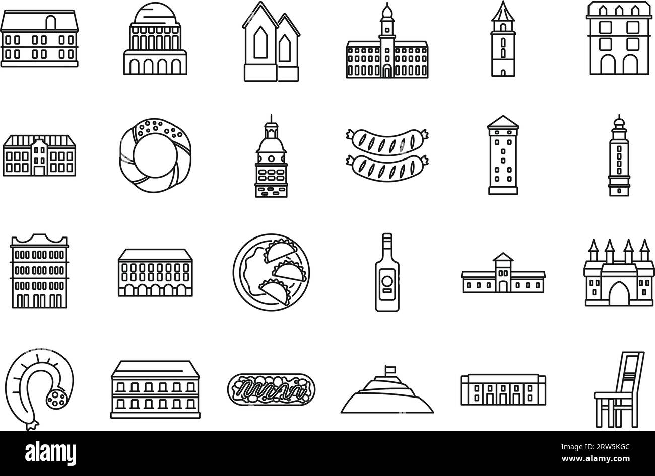 Les icônes de Cracovie définissent le vecteur de contour. Ville polonaise. Vieux marché Illustration de Vecteur