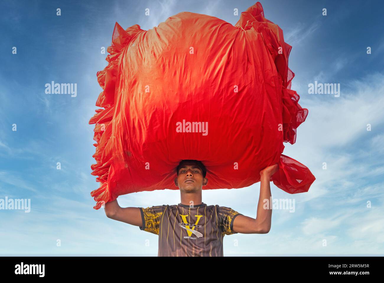 Narsingdi, Bangladesh. 17 septembre 2023. Des centaines de mètres de tissus rouge vif sont disposés en rangées nettes à travers un champ à Narsingdi, au Bangladesh. Connus sous le nom de «Lal Shalu» par les habitants, les longs tissus rouges sont mis à sécher sous le soleil chaud, après avoir été teints avec une couleur rouge vif. L'utilisation de la lumière du soleil pour sécher les tissus réduit les coûts de production car elle est moins chère et plus durable. La méthode de séchage écologique couvre une superficie égale à 5 terrains de football et prend jusqu'à 6 heures à compléter après avoir été placé par les travailleurs au lever du soleil. Crédit : Joy Saha/Alamy Live News Banque D'Images