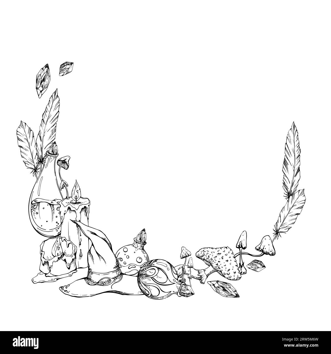 Autel de sorcière à vecteur d'encre dessiné à la main. Bougies fioles cristal. cadre de couronne circulaire isolé. Dessin illustration art Halloween, sorcellerie occulte, alchimie Illustration de Vecteur