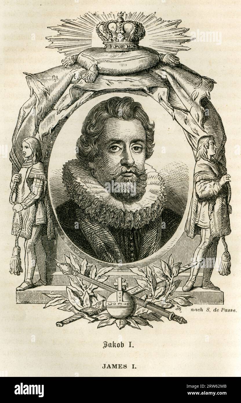 Europa, Großbritannien, Schottland, Édimbourg, König Jakob I. von England, Stahlstich aus ' Geschichte von England ' von Thomas Babington Macaulay , ¸übersetzt von Wilhelm Beseler , Druck und Verlag von George Westermann, Braunschweig, 1863 . / Europe, Grande-Bretagne , Ecosse, Édimbourg, James I , roi d'Angleterre, gravure sur acier de l'histoire de l'Angleterre de Thomas Babington Macaulay, traduction allemande de Wilhelm Beseler, maison d'édition George Westermann, Braunschweig, 1863 . . Banque D'Images