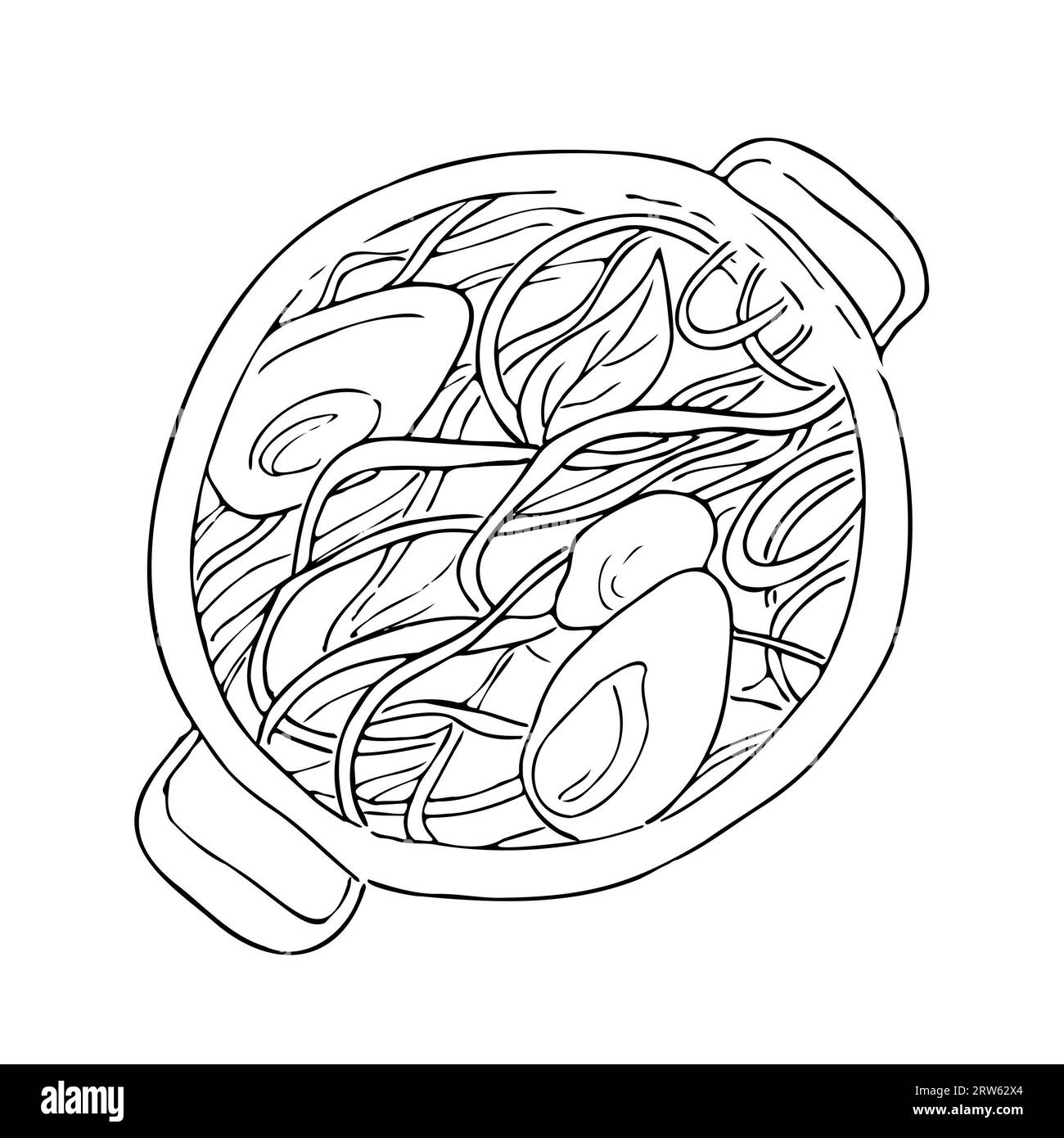 Nouilles aux légumes et œufs, cuisine hawaïenne. illustration vue de dessus dessinée à la main. Banque D'Images