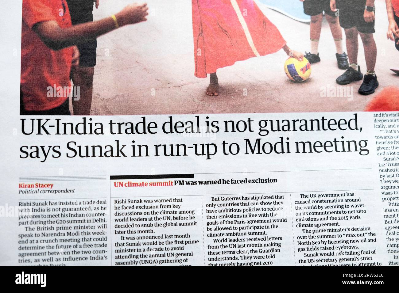 "L'accord commercial entre le Royaume-Uni et l'Inde n'est pas garanti, dit Sunak à l'approche de la réunion de Modi" le journal Guardian a la une du sommet du G20 à Delhi article du 9 septembre Londres Banque D'Images