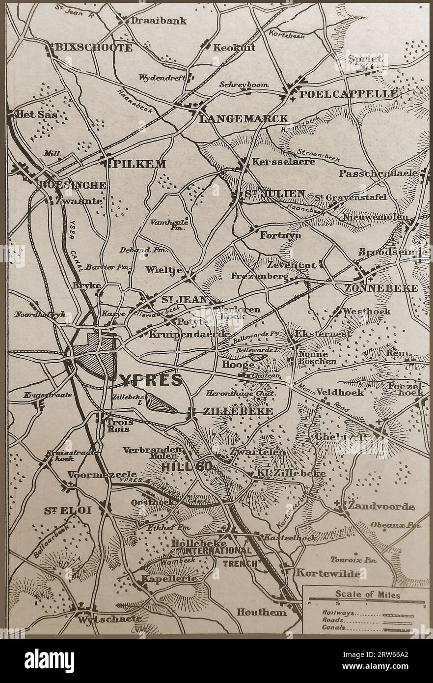 WWI carte de la région d'Ypres et de la région connue sous le nom de International Trench - Karte des Ypern-Gebiets und des als Internationaler Graben bekannten Gebiets aus dem Ersten Weltkrieg -carte de la première Guerre mondiale de la région d'Ypres et de la zone connue sous le nom de tranchée internationale Banque D'Images