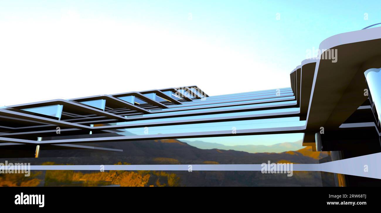 Vue fantastique sur la façade en forme d'escalier de l'élégant hôtel moderne construit dans les montagnes. rendu 3d. Banque D'Images