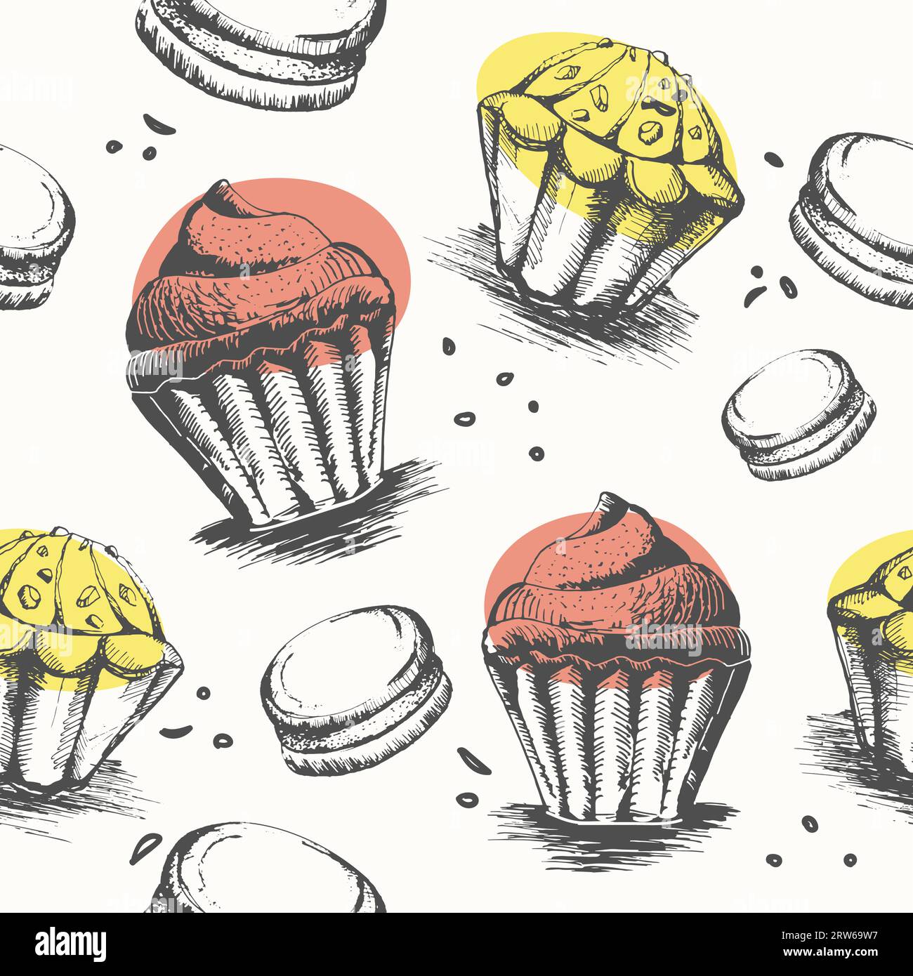 Muffins et macarons, dessert au café ou au restaurant. Repas savoureux et nutritif pour le déjeuner ou le petit déjeuner. Mousse et dessus crémeux. Motif sans couture, wallpap Illustration de Vecteur