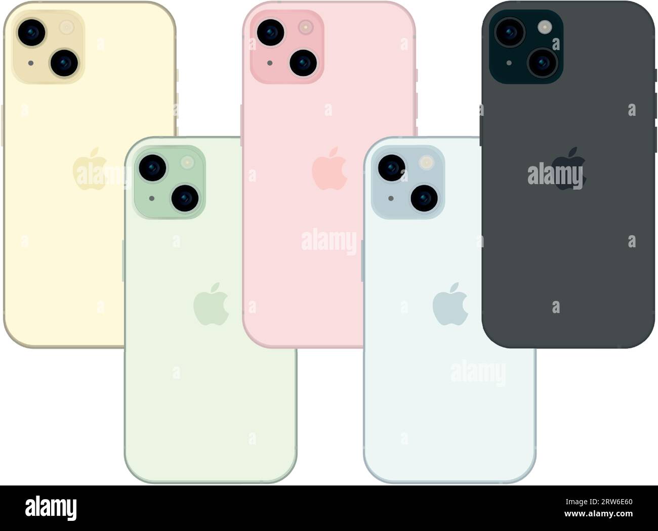 Nouveau Apple iPhone 15, gadget smartphone moderne, ensemble de 5 pièces dans de nouvelles couleurs originales - illustration vectorielle Illustration de Vecteur