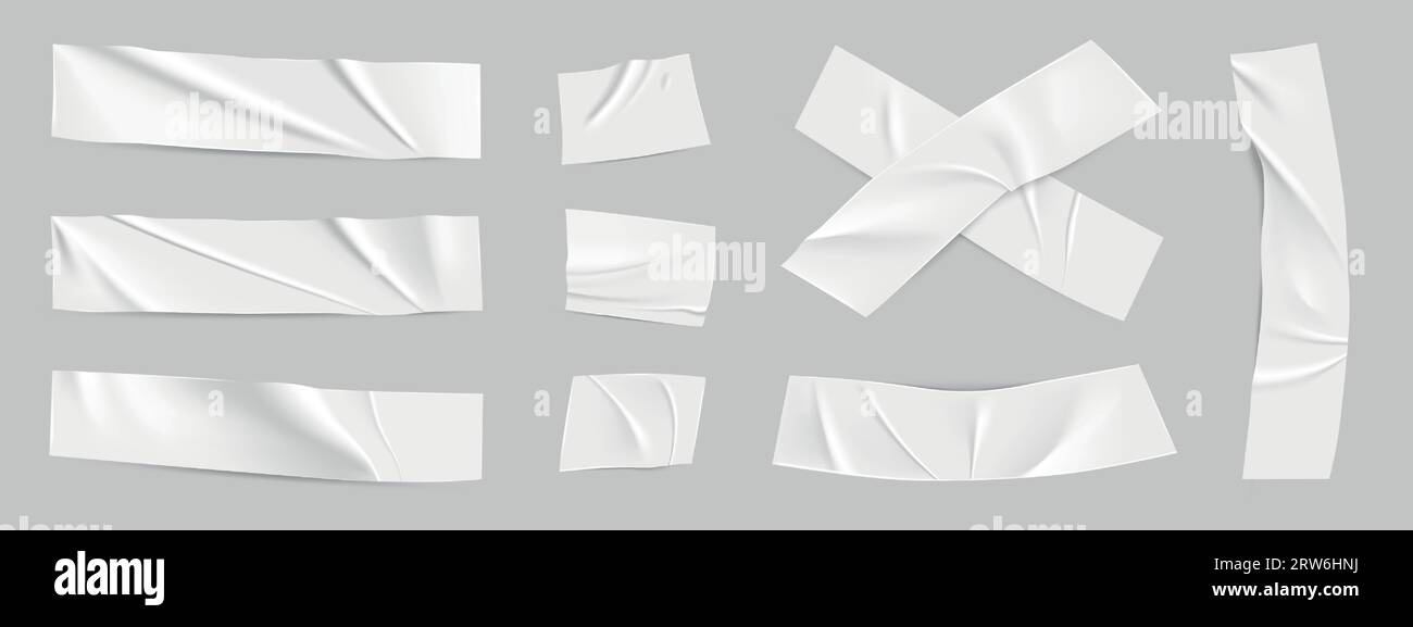 Morceaux de ruban transparent. Autocollants en papier. Rubans d'étiquettes blanches, étiquette de note avec effet collant, collection de patch déchiré adhésif 3D. Bande de masquage isolée Illustration de Vecteur