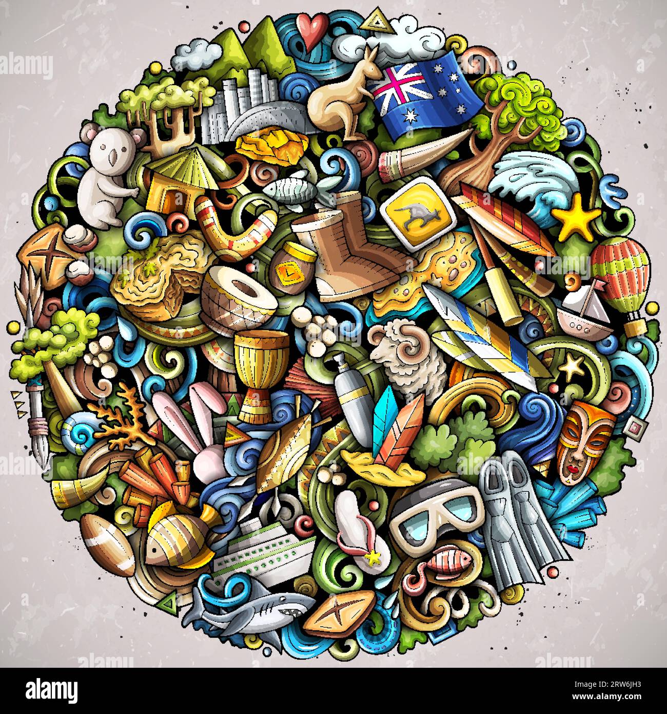 Illustration ronde de dessin animé australien. Design australien drôle. Fond vectoriel créatif avec des éléments et des objets de pays d'Océanie. Couleur c Illustration de Vecteur