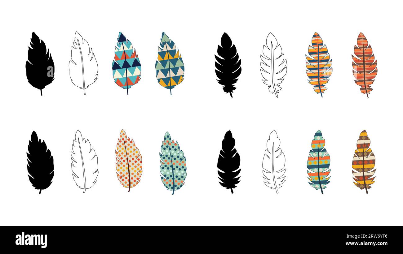 Grand ensemble de plumes. Plumes vives ethniques tribales des Indiens. Plumes d'oiseau stylisées. Silhouette de contour de couleur. Vecteur isolé sur blanc. Culture indienne. Éléments de conception. Ornements dans le style Boho. Illustration de Vecteur