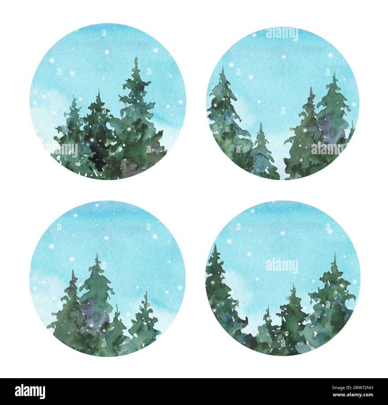 Paysage bleu aquarelle de colline de forêt brumeuse. Lot de cartes rondes du nouvel an et de Noël. Conifères Evergreen. Faune, gelé, brumeux, taïga. Banque D'Images Paysage bleu aquarelle de colline de forêt brumeuse. Lot de cartes rondes du nouvel an et de Noël. Conifères Evergreen. Faune, gelé, brumeux, taïga. Banque D'Images