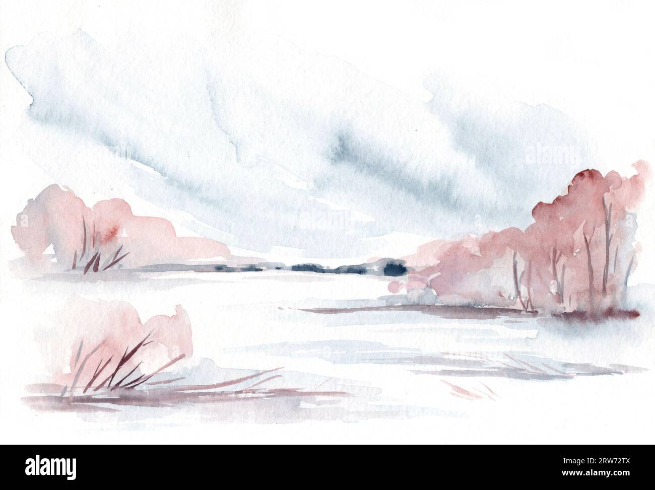Paysage aquarelle : paysage hivernal enneigé avec une rivière gelée et des arbres Banque D'Images