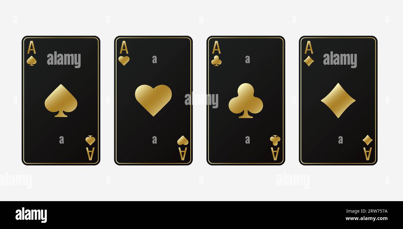 Coeurs d'or, pique, diamants, clubs signe de cartes. Ensemble de combinaisons de cartes à jouer ACES noires. Poker ou casino, concept de jeu. Une main de poker gagnante. Templat Illustration de Vecteur