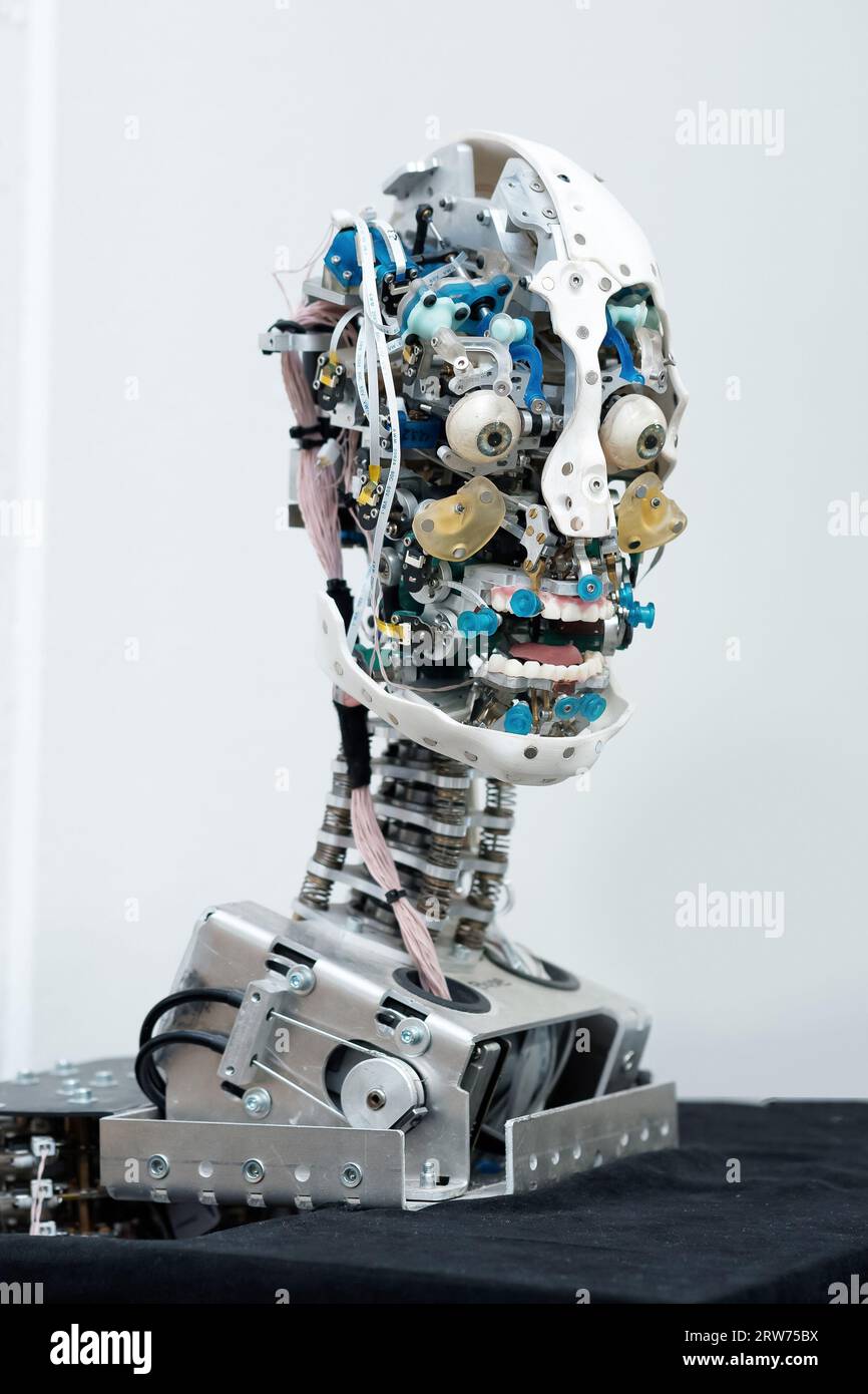 Perm, Russie - 13 juillet 2023 : Chef de robot anthropomorphe capable d'imiter les émotions, sans peau de coque extérieure, sur fond blanc Banque D'Images Perm, Russie - 13 juillet 2023 : Chef de robot anthropomorphe capable d'imiter les émotions, sans peau de coque extérieure, sur fond blanc Banque D'Images
