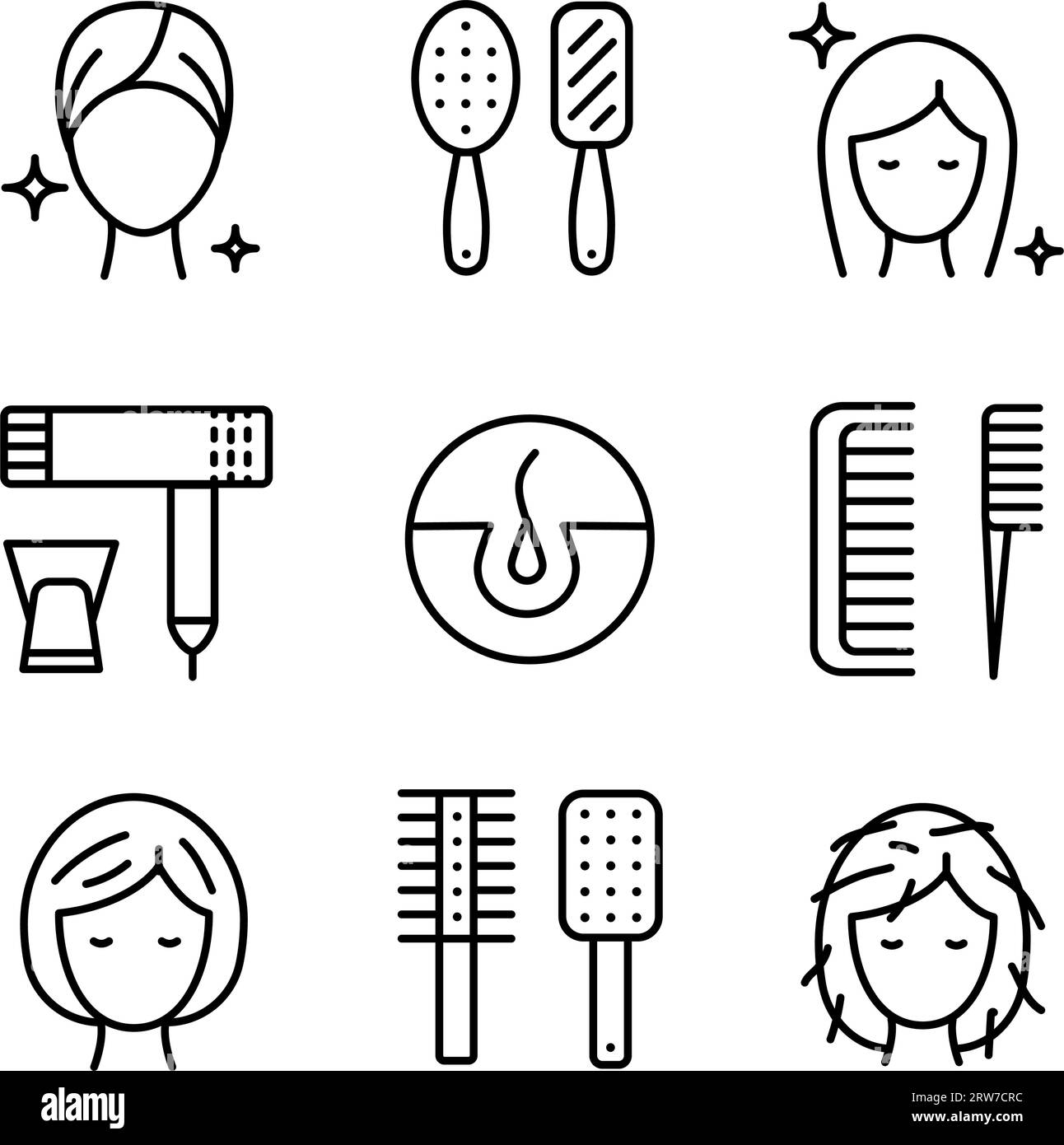 Jeu de symboles de brosse et brosse à cheveux. Soin et maintien des cheveux sains, jeu d'icônes. Amélioration de l'état, peignage, et utilisation de shampooing, revitalisant, li Illustration de Vecteur