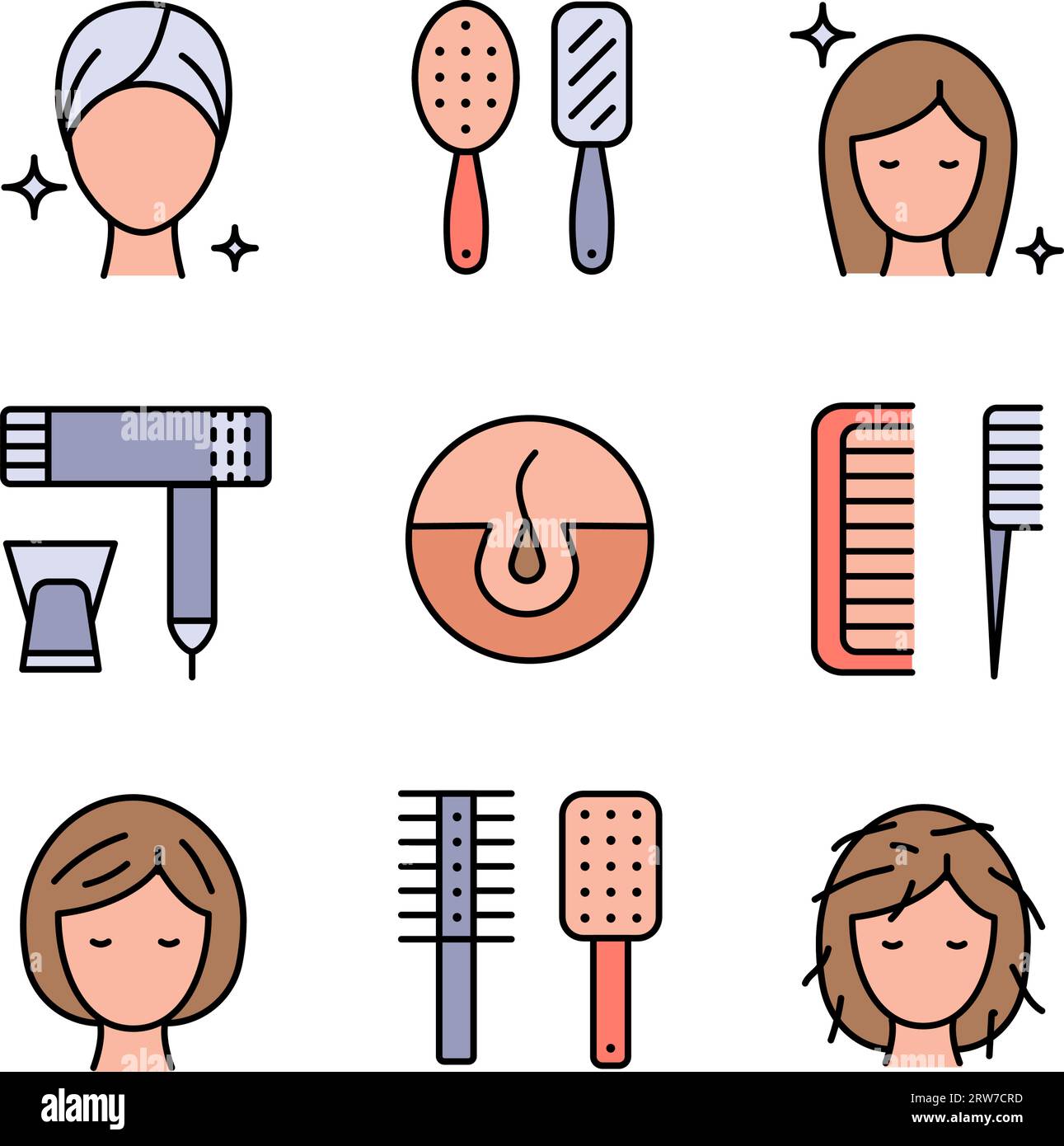 Jeu de symboles de brosse et brosse à cheveux. Soin et maintien des cheveux sains, jeu d'icônes. Amélioration de l'état, peignage, et utilisation de shampooing, revitalisant, co Illustration de Vecteur
