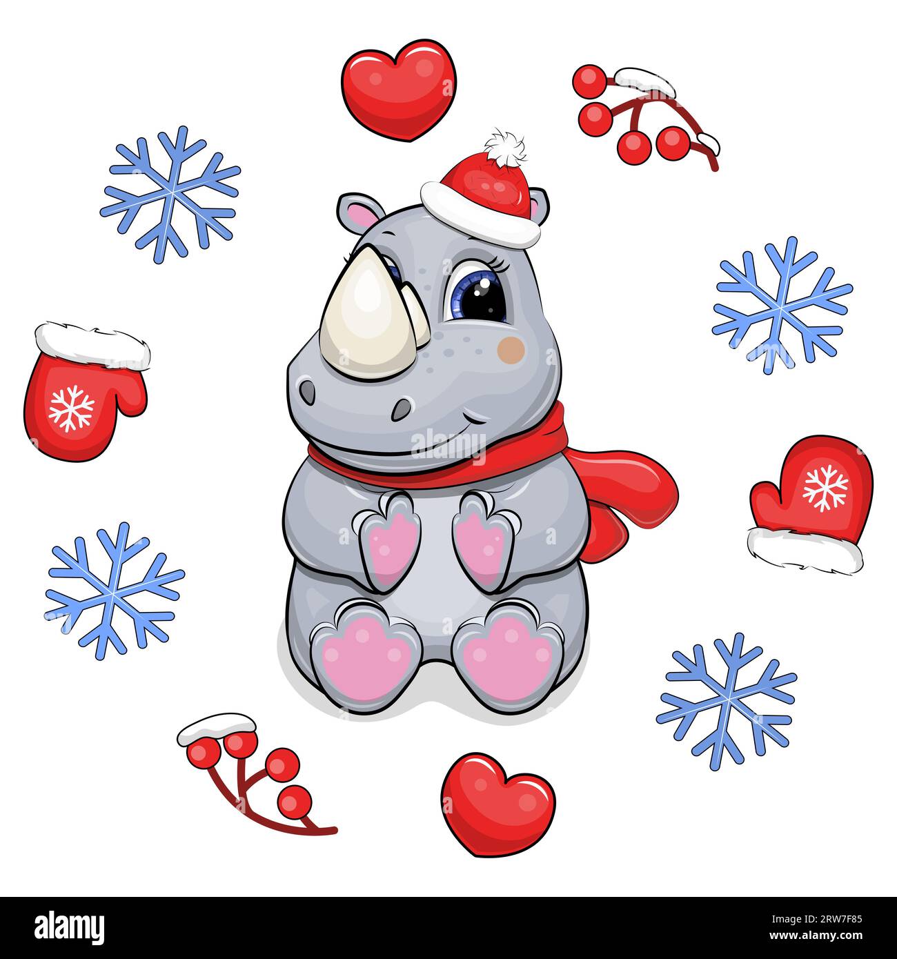 Mignon rhinocéros de dessin animé avec une écharpe rouge et un chapeau dans un cadre d'hiver. Illustration vectorielle de Noël d'un animal avec des coeurs, des mitaines, des baies. Illustration de Vecteur