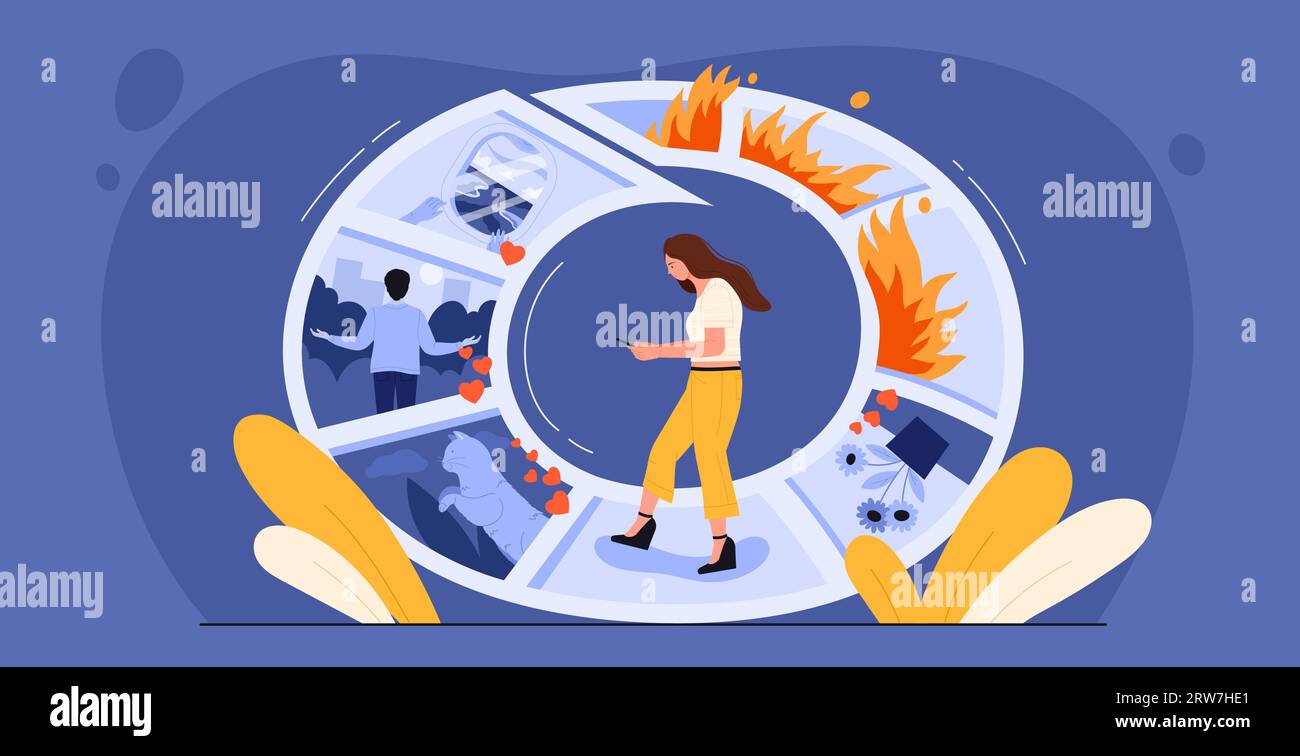 Illustration vectorielle de dépendance à Internet ou aux médias sociaux. Femme de dessin animé utilisant le téléphone mobile pour faire défiler le flux sans fin des nouvelles chaudes, des images numériques et des photos, personne surfant le contenu en ligne Illustration de Vecteur