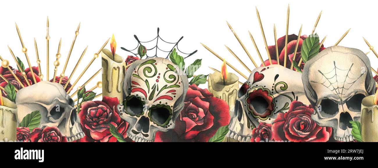 Crânes humains avec un ornement, roses rouges dans une couronne d'or, bougies, toiles d'araignée. Illustration d'aquarelle dessinée à la main pour Halloween, jour des morts, Dia Banque D'Images