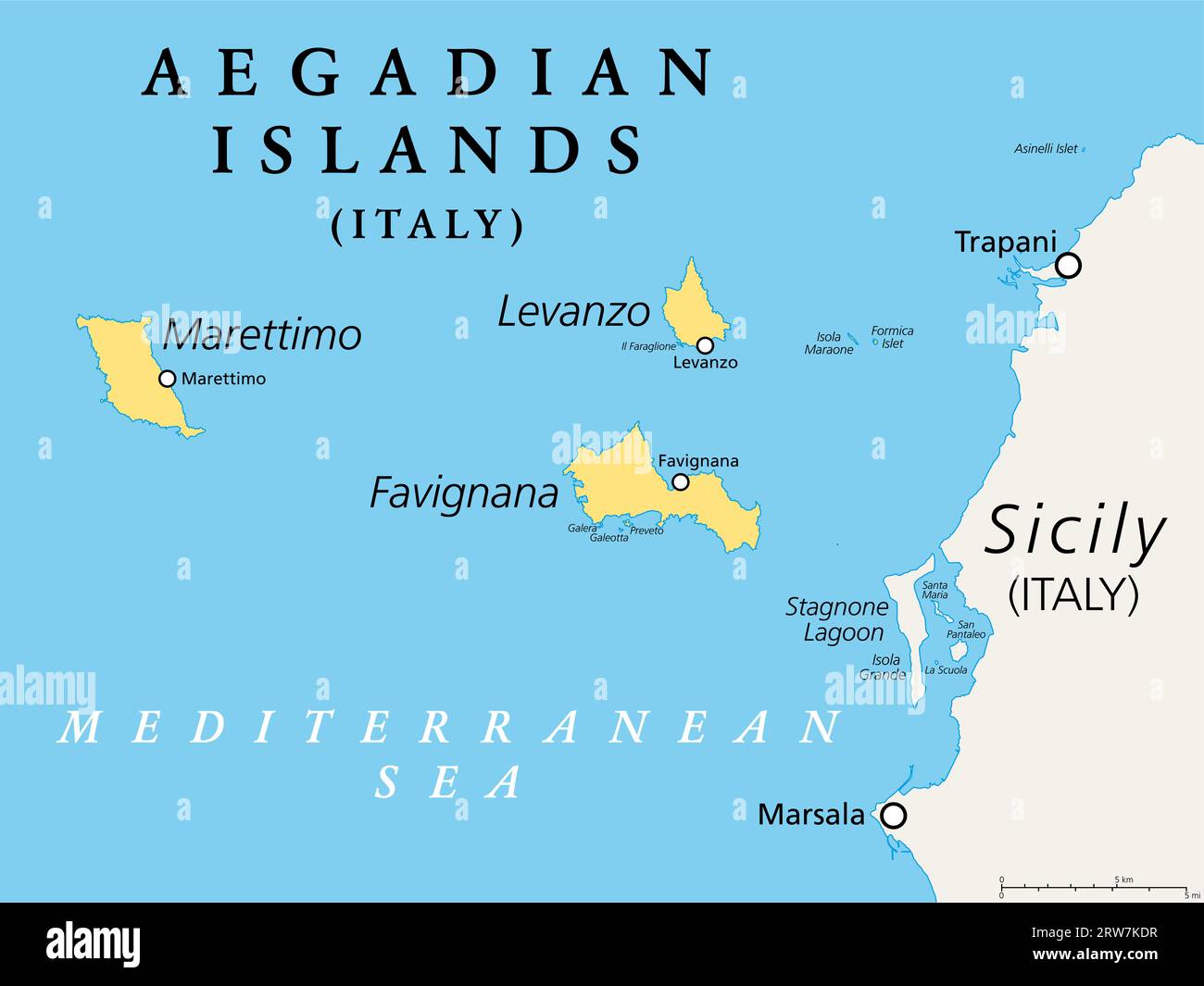 Îles Égades, Favignana, Levanzo, Marettimo, carte politique. Groupe de 5 petites îles montagneuses dans la mer Méditerranée au large de la côte de la Sicile. Banque D'Images