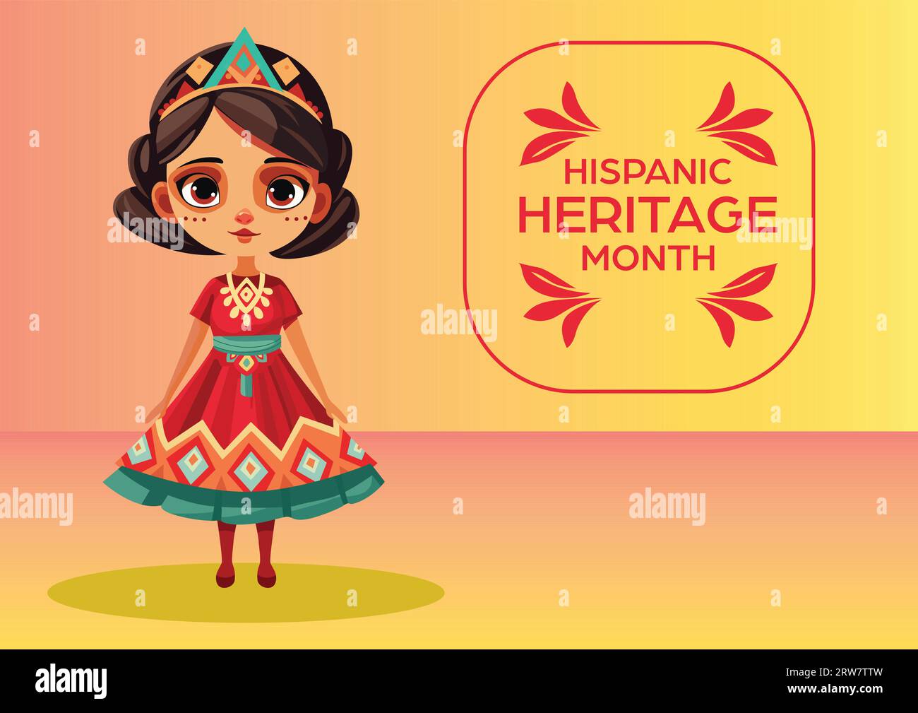 Carte postale vibrante représentant une jolie fille en costume hispanique pour célébrer le mois du patrimoine hispanique Illustration de Vecteur