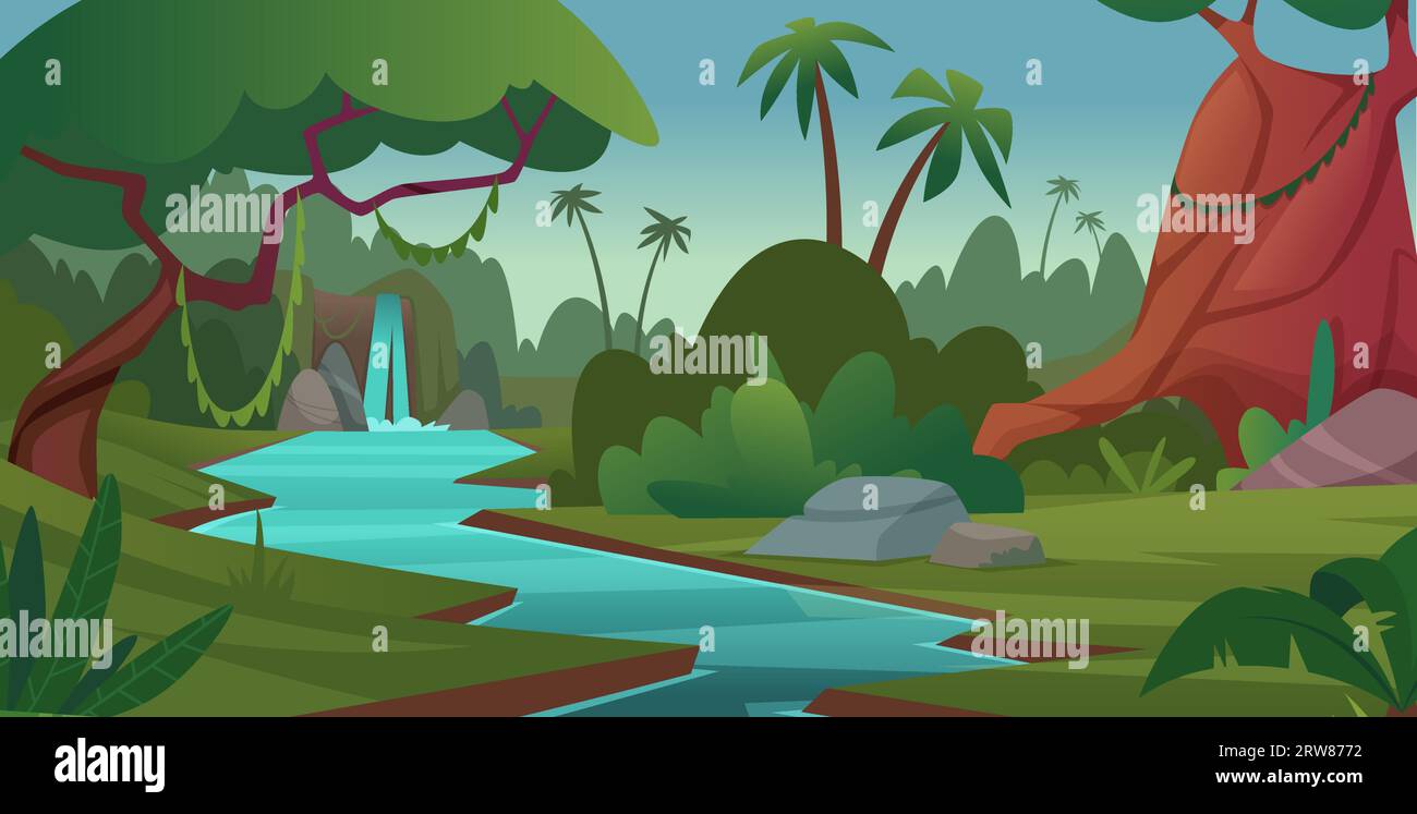 Fond tropical. Jungle paysage dessins animés arbres buissons modèle vectoriel exact Illustration de Vecteur