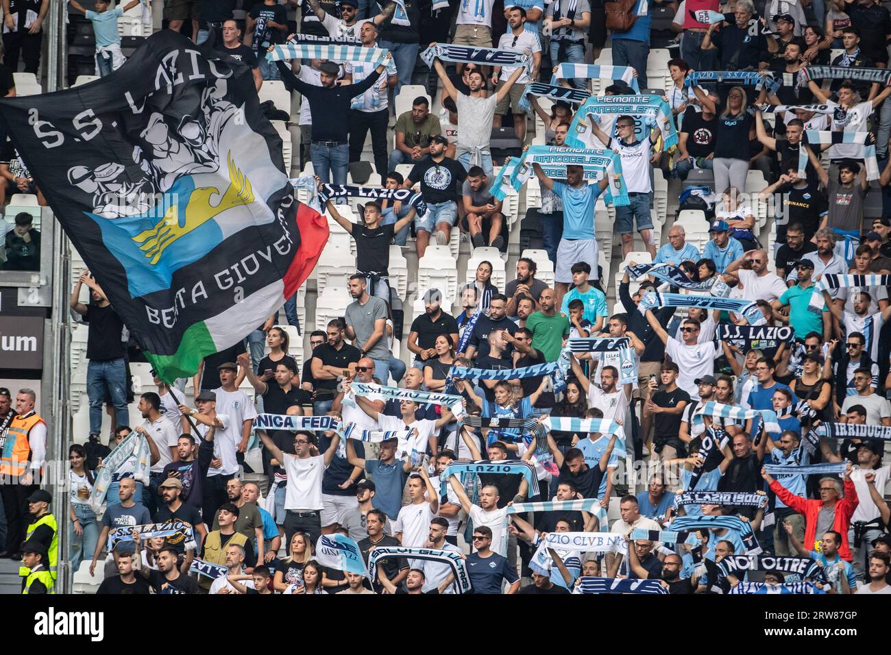 Turin, Italie. 16 septembre 2023. Championnat italien de football de série A 2023/24. Juventus VS Lazio 3-1. Supporters Lazio., image & copyright Cristiano BARNI/ATP images. (BARNI Cristiano/ATP/SPP) crédit : SPP Sport Press photo. /Alamy Live News Banque D'Images