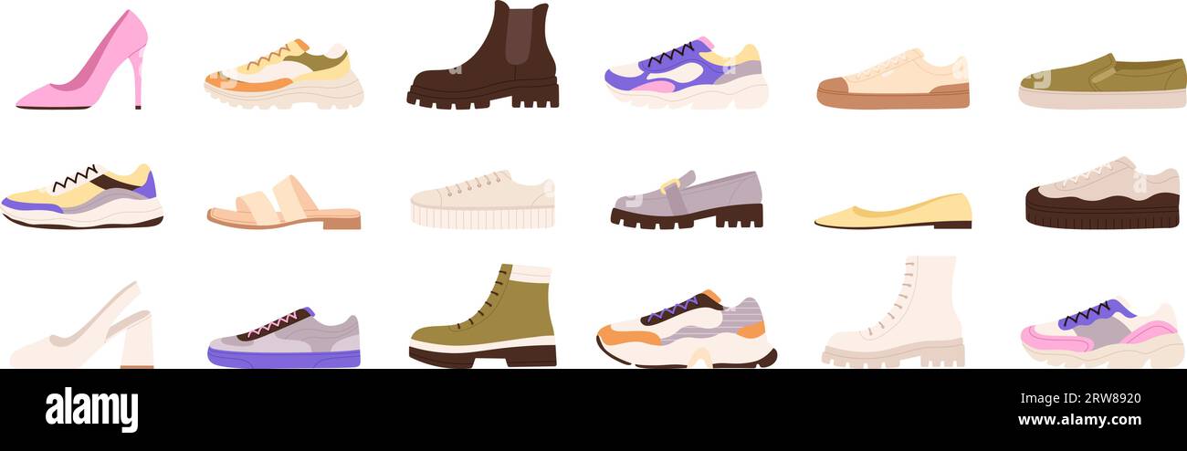 Chaussures décontractées. Conception de types de chaussures, chaussures à la mode masculines et féminines. Modèles isolés de baskets et de bottes élégantes. Ensemble vectoriel racé de mode Illustration de Vecteur