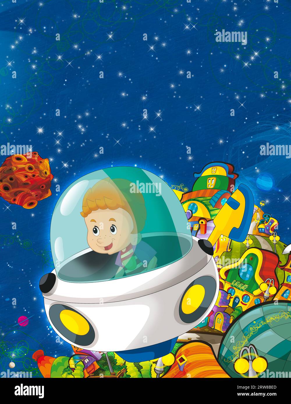 Dessin animé drôle scène colorée du cosmos galactique extraterrestre ufo isolé illustration pour les enfants Banque D'Images