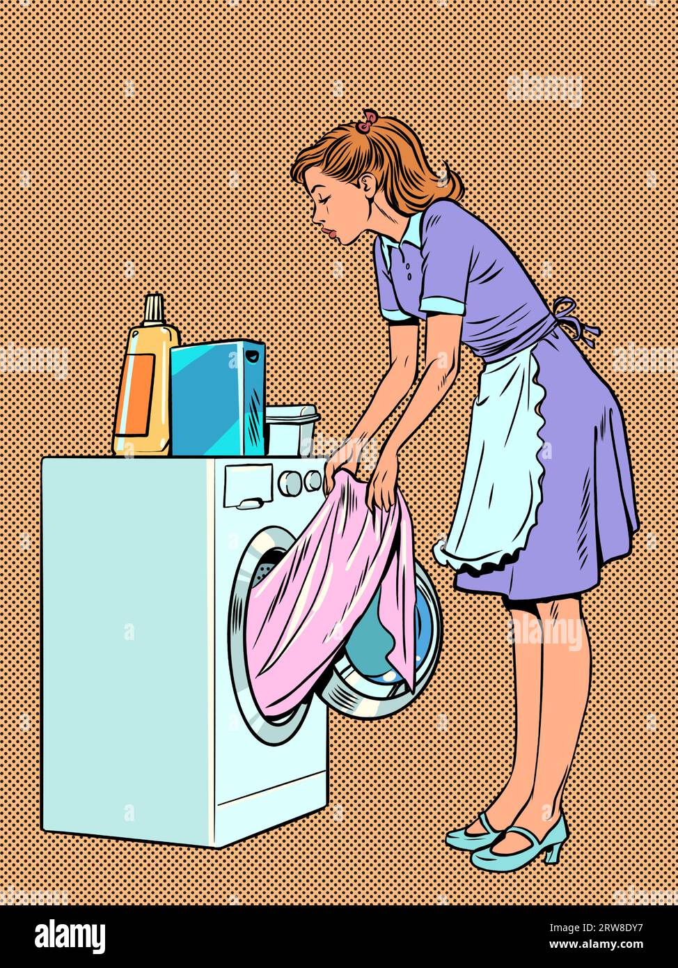 Les serviteurs aident les propriétaires avec la lessive. Femme au foyer responsable s'occupe des tâches ménagères. Une fille en uniforme sort des vêtements de la Illustration de Vecteur